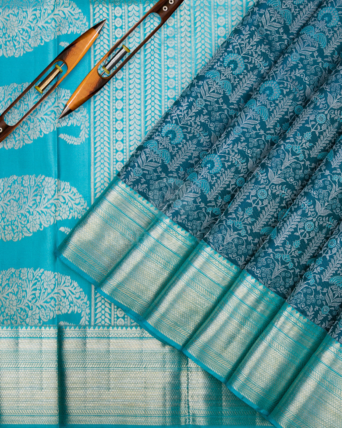 Teal Blue & Turquoise Blue Kanjivaram Silk Saree - D466