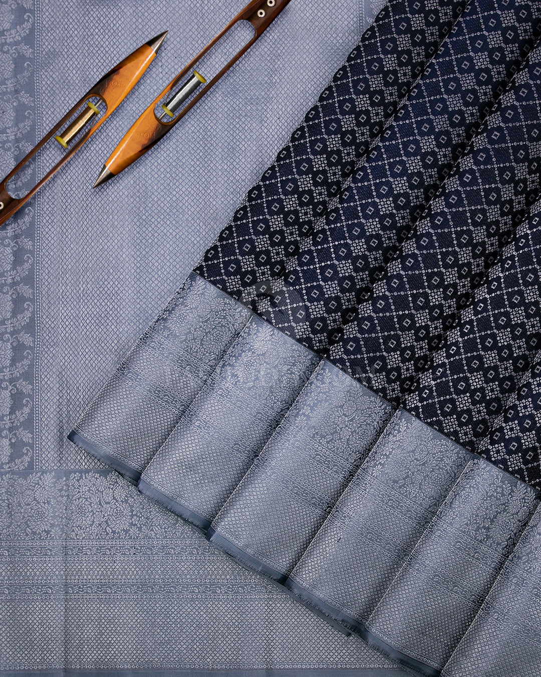 Midnight Blue & Silver Grey Kanjivaram Silk Saree - DT208 - View 2