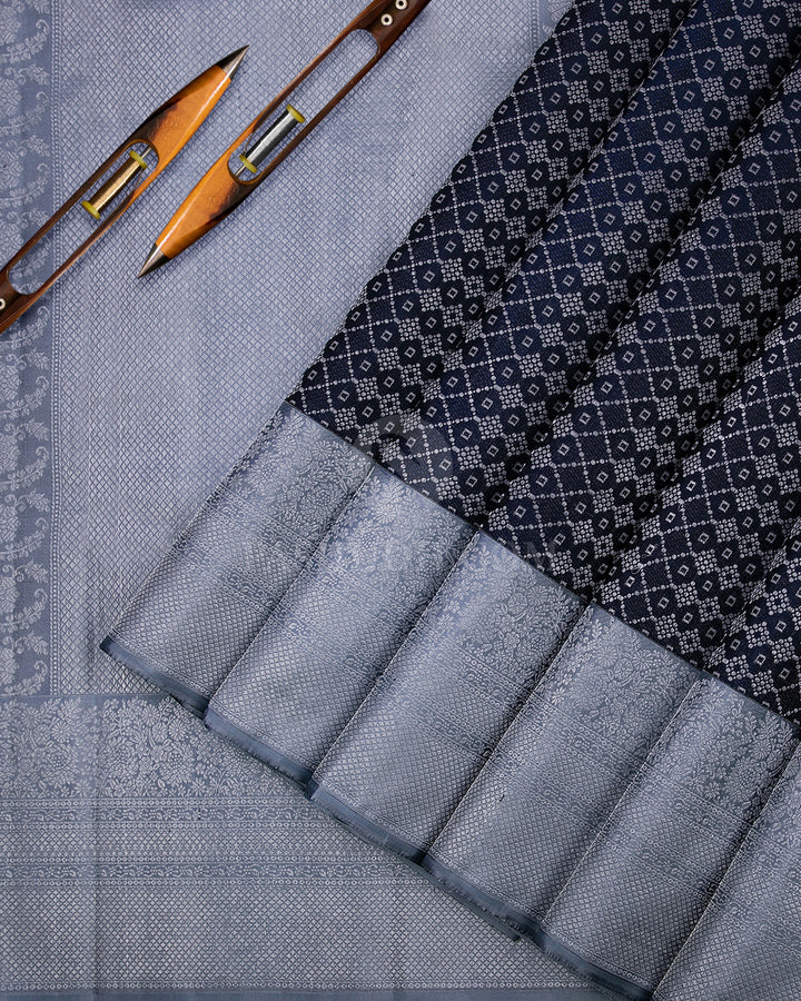 Midnight Blue & Silver Grey Kanjivaram Silk Saree - DT208 - View 2