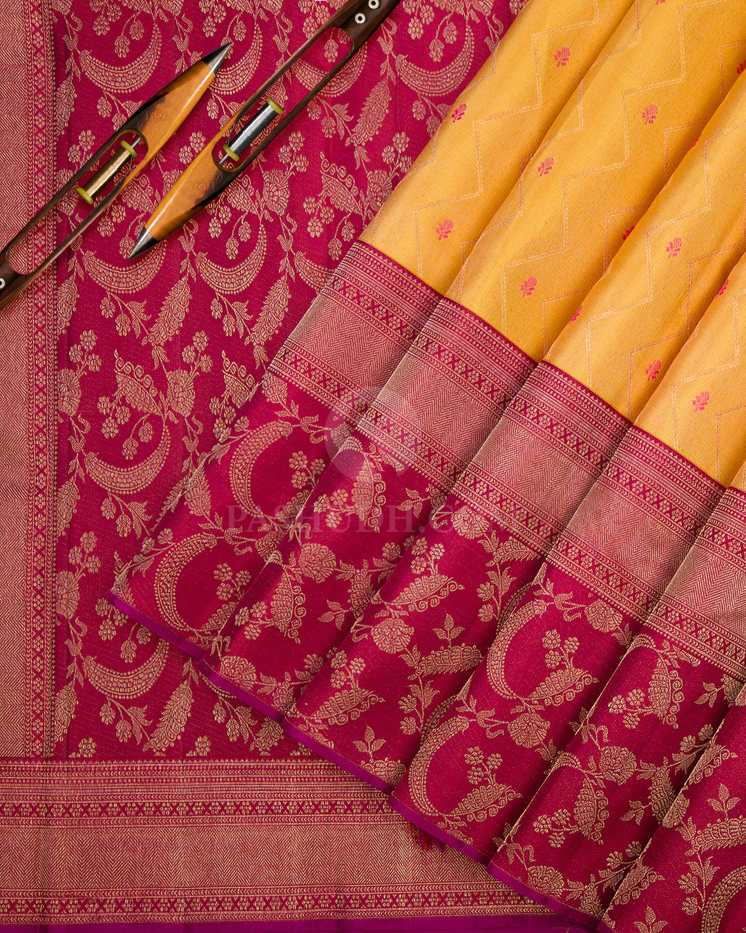 Golden Yellow & Brick Red Kanjivaram Silk Saree - DJ234