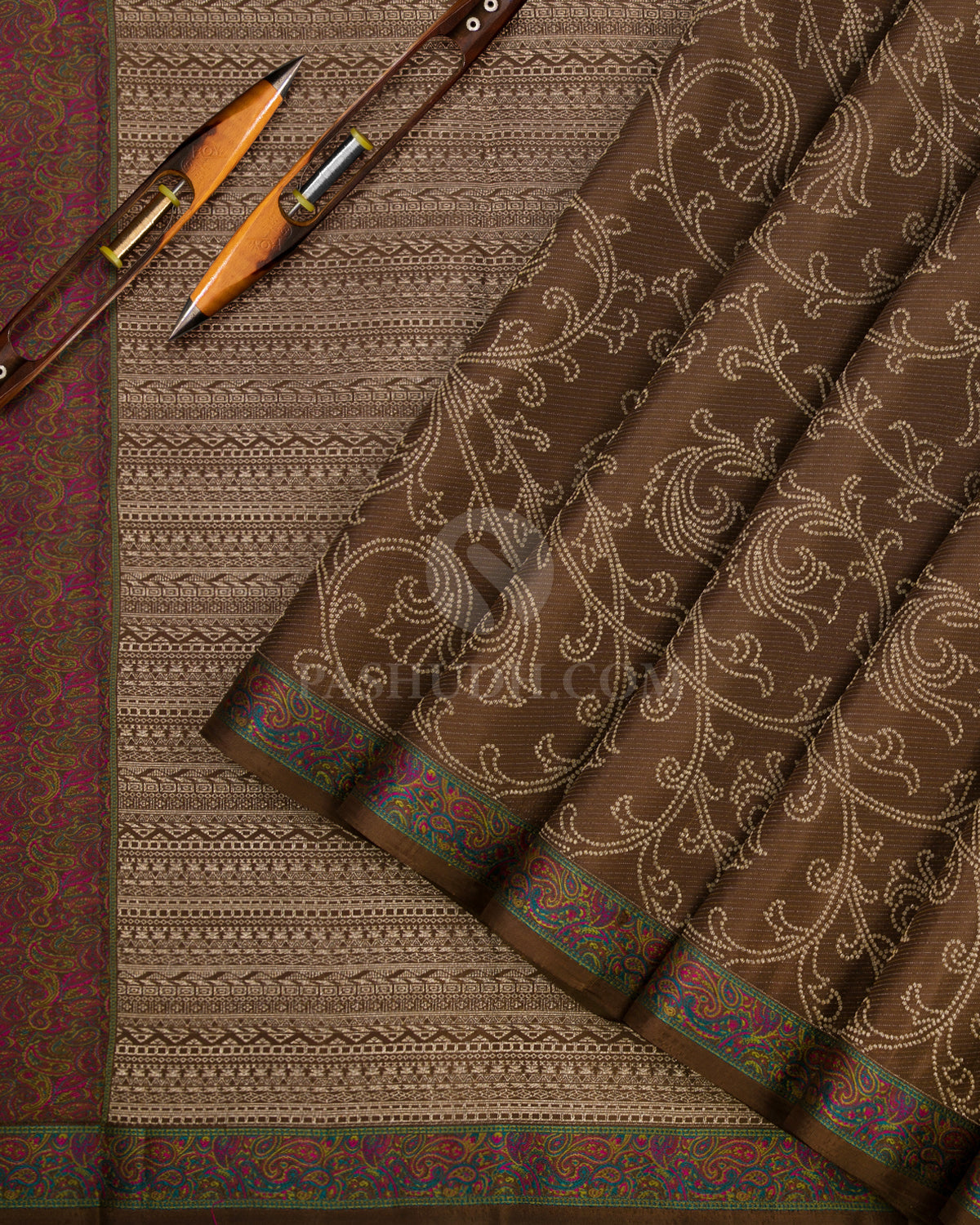 Brown Kanjivaram Silk Saree with Thread work -DJ245