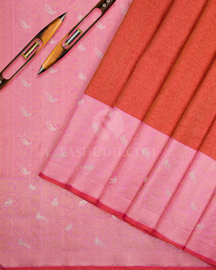 Red & Baby Pink Kanjivaram Silk Saree - S1059(A) - View 2