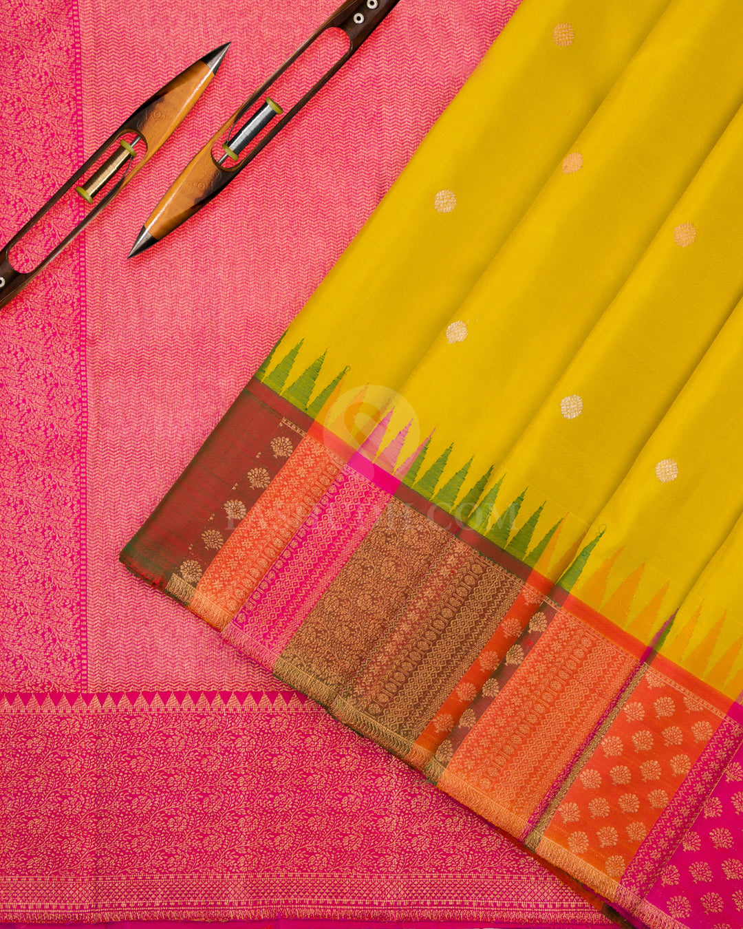 Yellow and Pink Kanjivaram Silk Saree - S785 -View 3