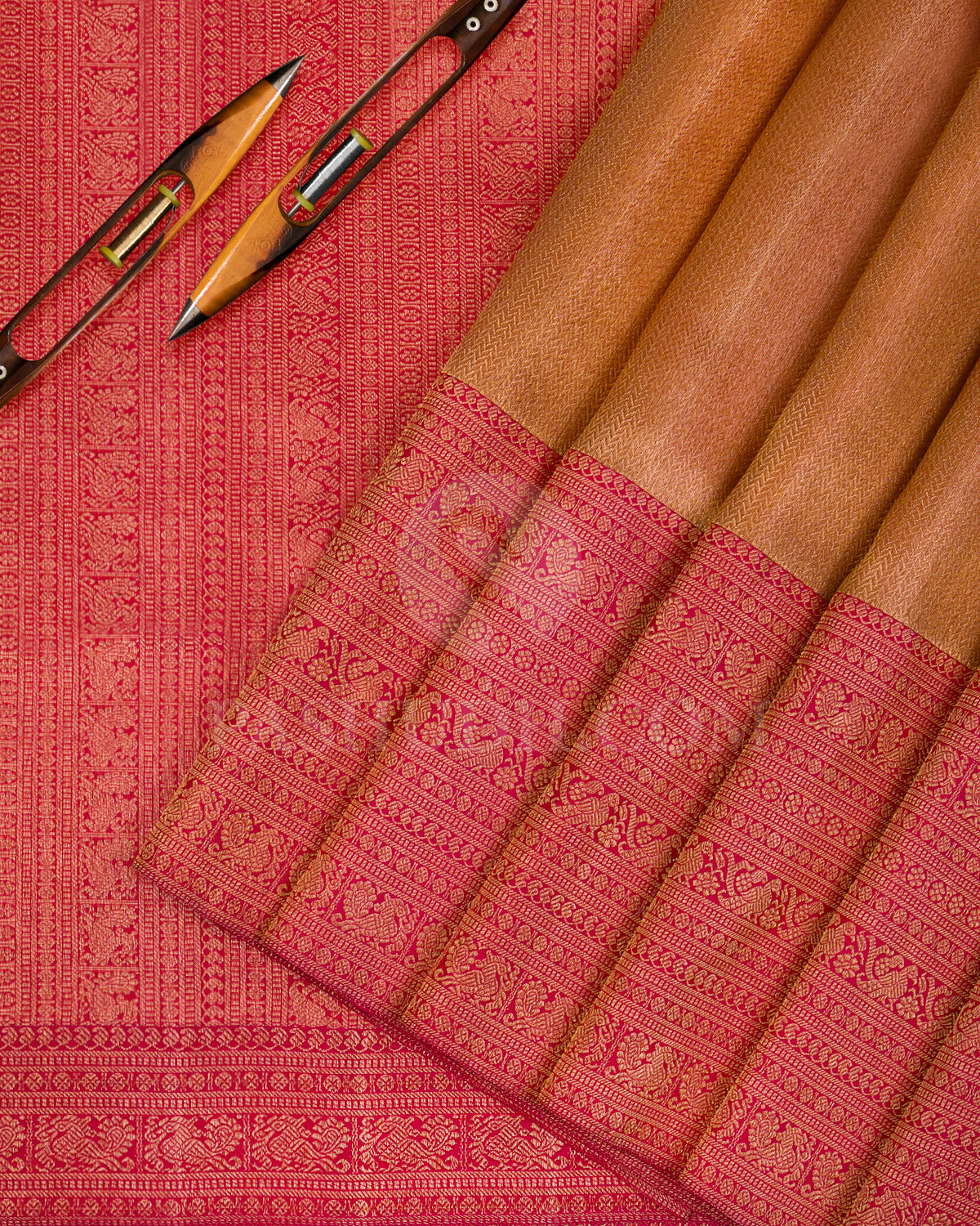 Gold And Red Organza Kanjivaram Silk Saree - S1038(B) - View 2