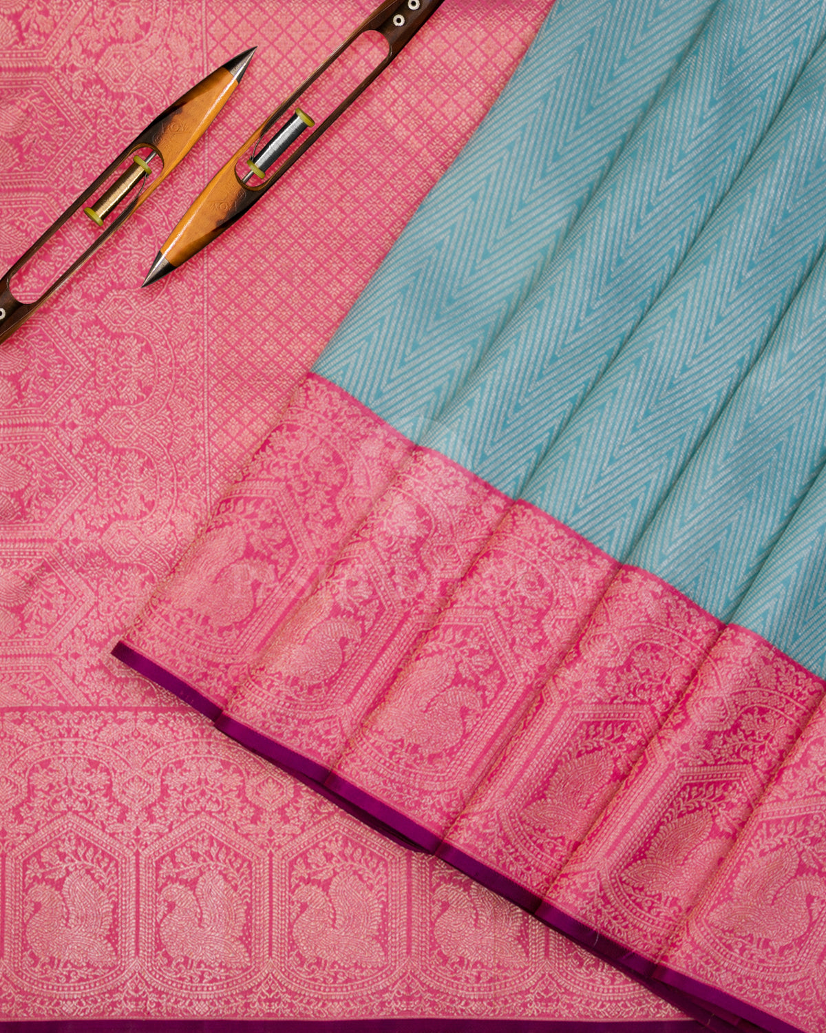 Sky Blue & Taffy Pink Kanjivaram Silk Saree - S967 - View 2
