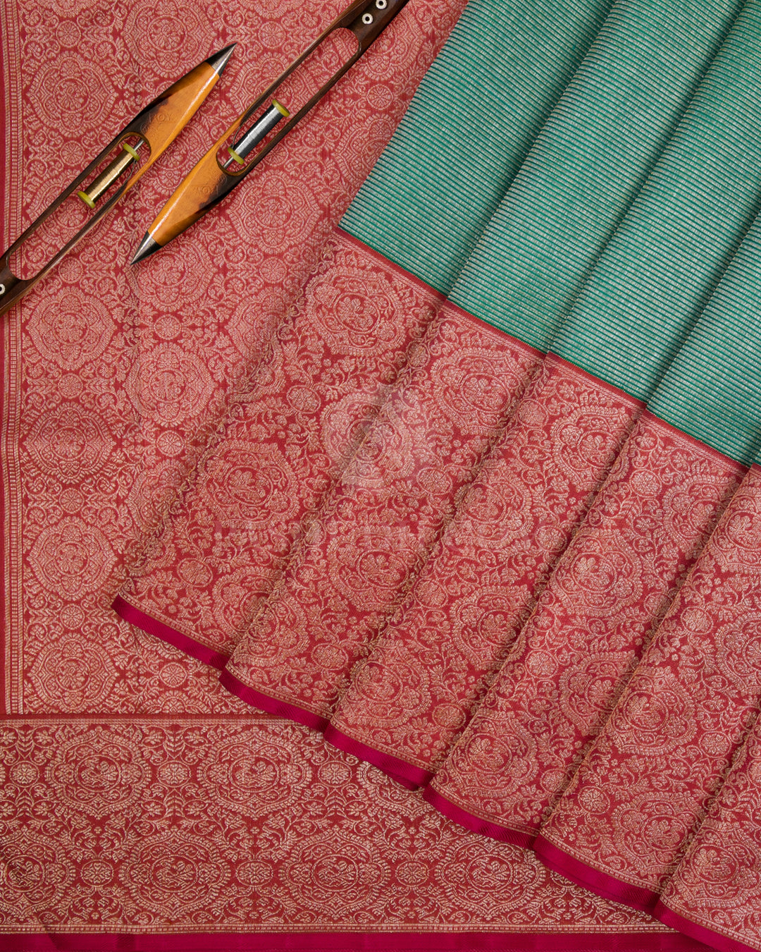 Emerald Green & Burnt Orange Kanjivaram Silk Saree - S1070(A) - View 2