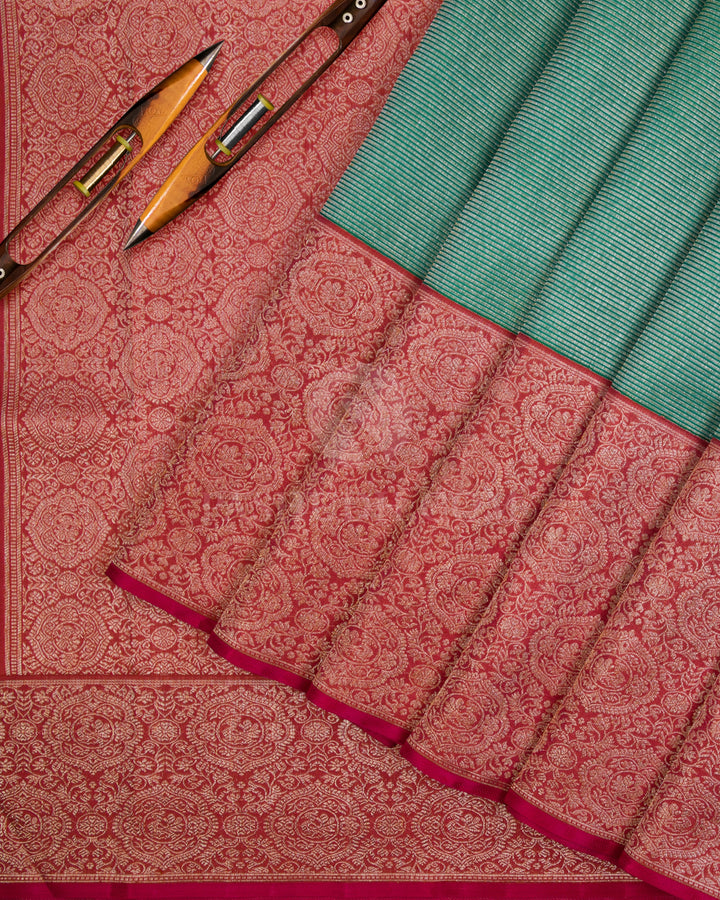 Emerald Green & Burnt Orange Kanjivaram Silk Saree - S1070(A) - View 2