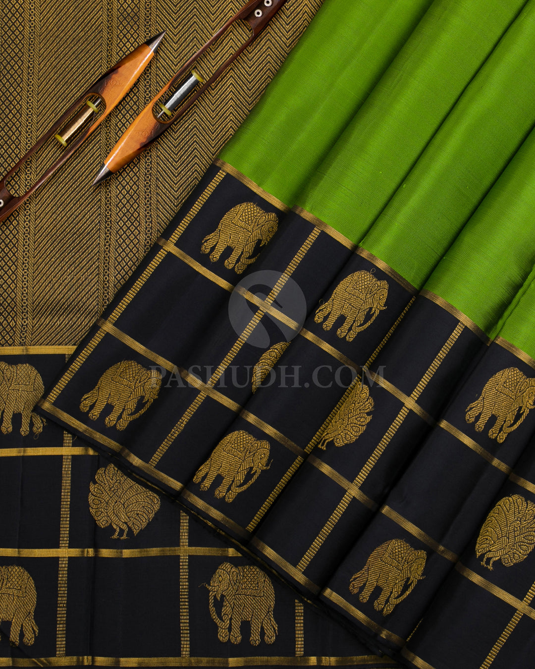 Parrot Green & Black Kanjivaram Silk Saree - D7 -  View 1