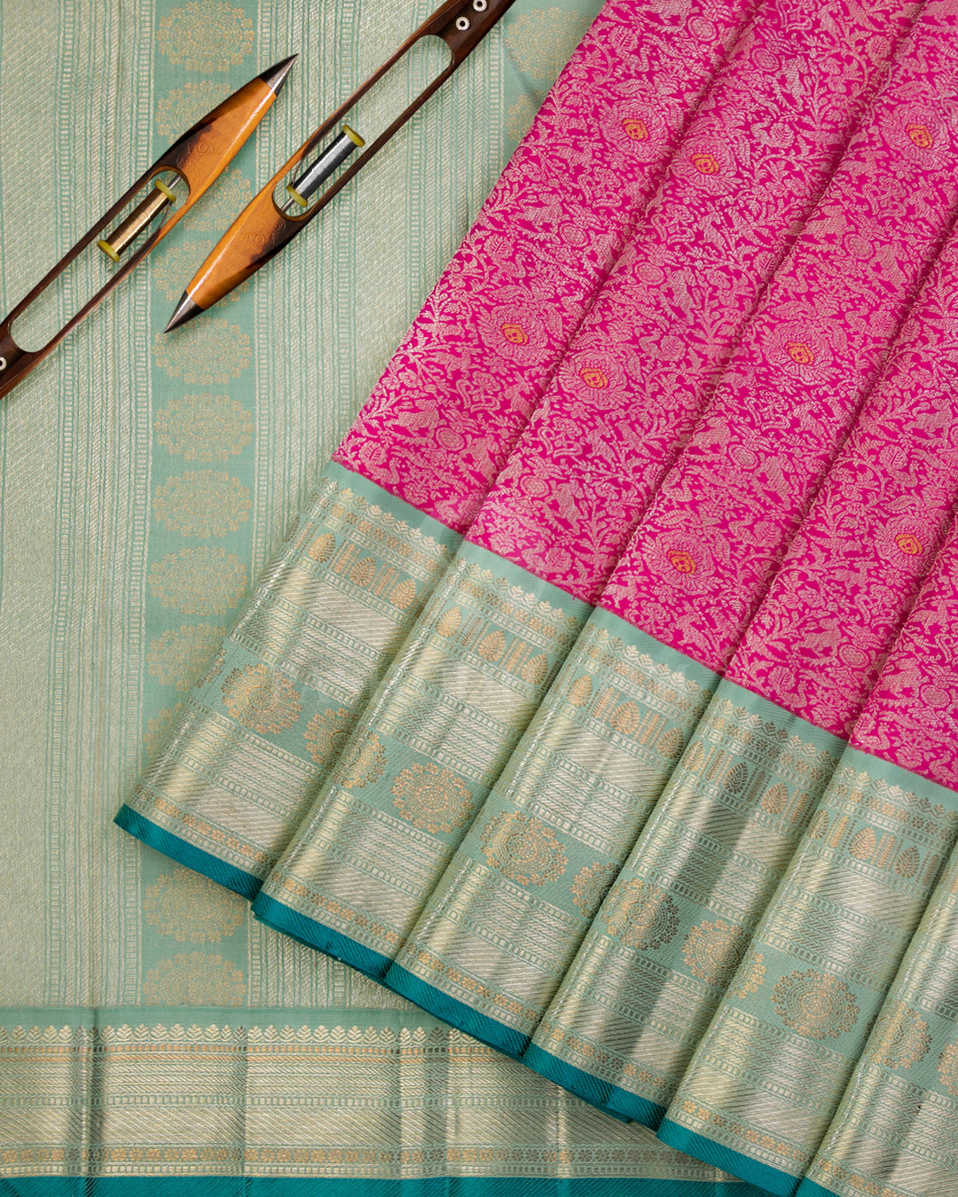 Dark Pink & Turquoise Kanjivaram Silk Saree - S892 -View 3