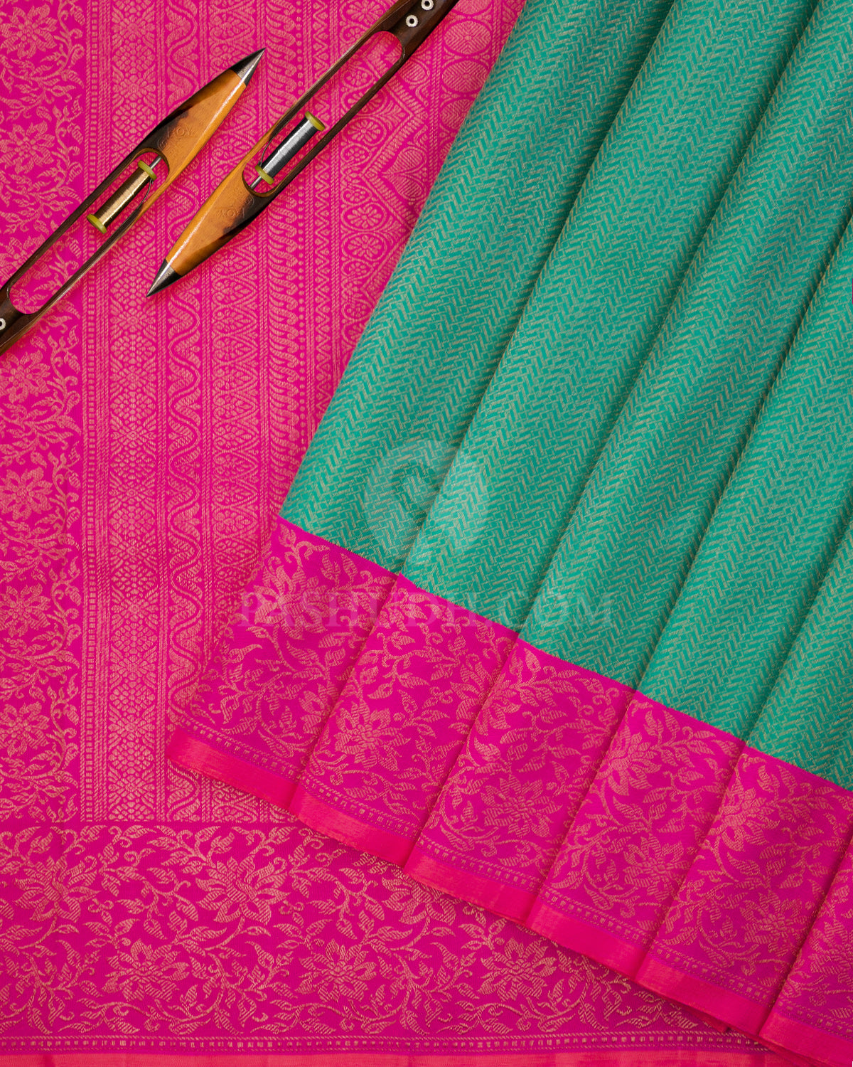 Sea Green & Pink Kanjivaram Silk Saree - S900 - View 3