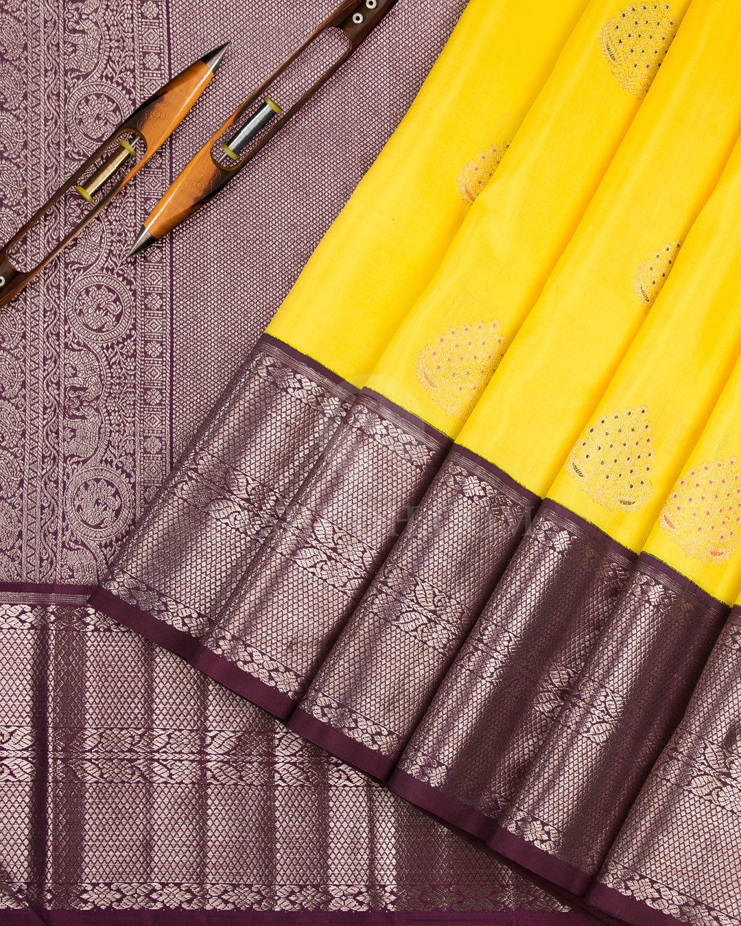 Lemon Yellow & Arakku Kanjivaram Silk Saree - S1118(A) - View 2