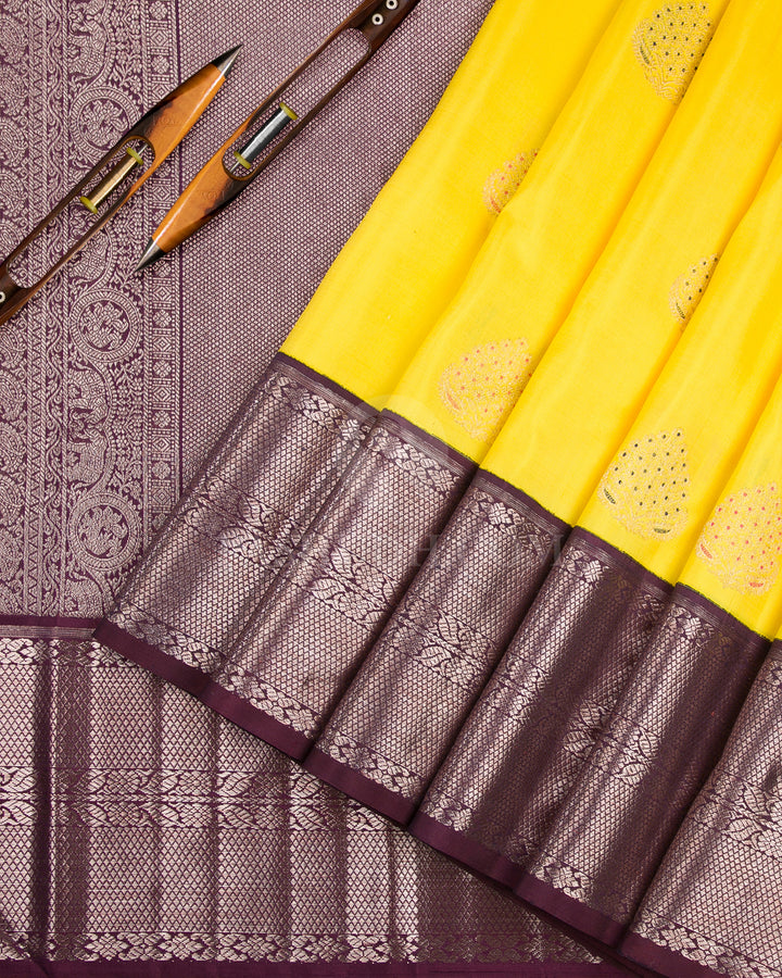 Lemon Yellow & Arakku Kanjivaram Silk Saree - S1118(A) - View 2