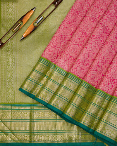 Watermelon Pink & Parrot Green Kanjivaram Silk Saree - S984 - View 2