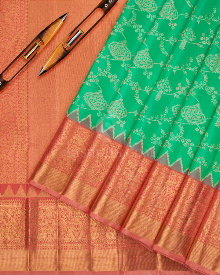 Parrot Green & Light Orange Pure Zari Kanjivaram Silk Saree - S838 -View 3