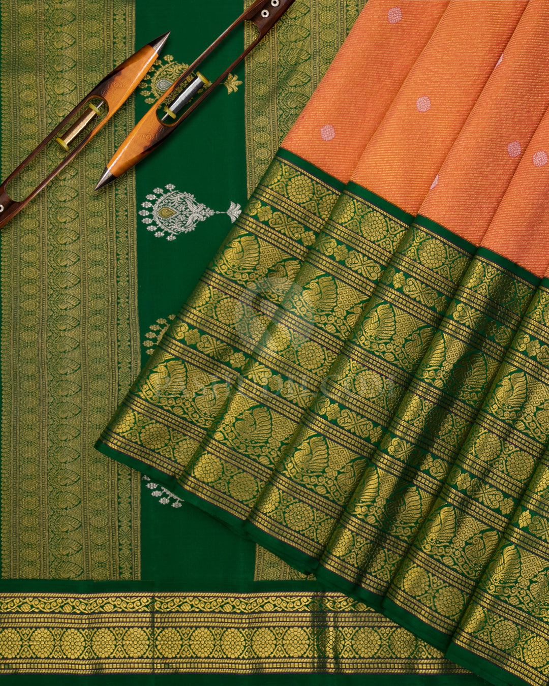 Orange & Green Pure Zari Kanjivaram Silk Saree - P138(A) - View 2