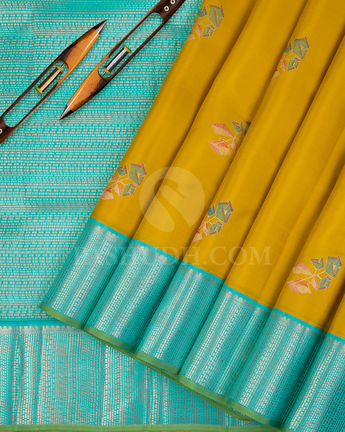Mustard Yellow And Turquoise Blue Kanjivaram Silk Saree - S1153(B) - View 2