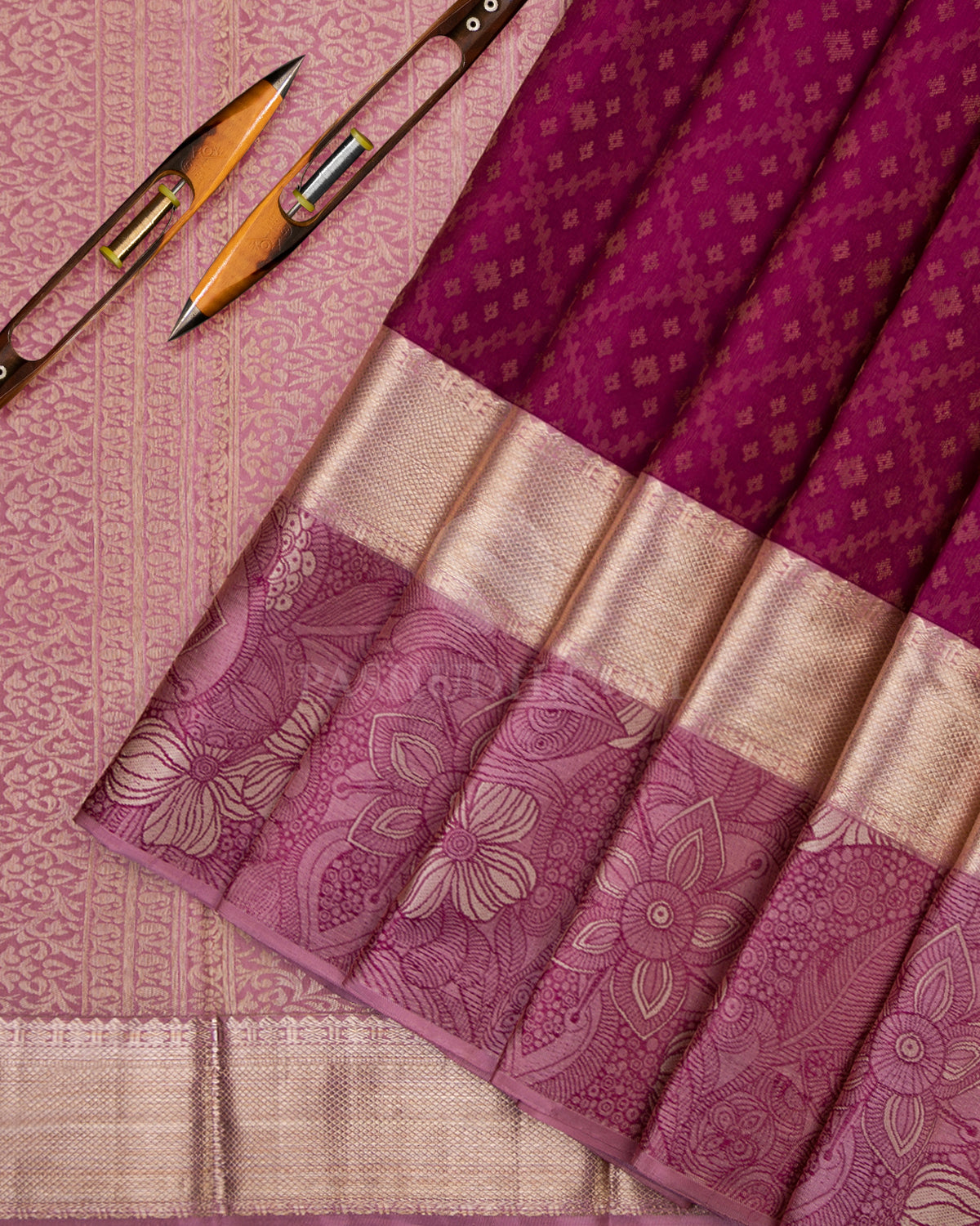 Paaku/ Betel Nut & Light Pink Kanjivaram Silk Saree - D434 -View 2