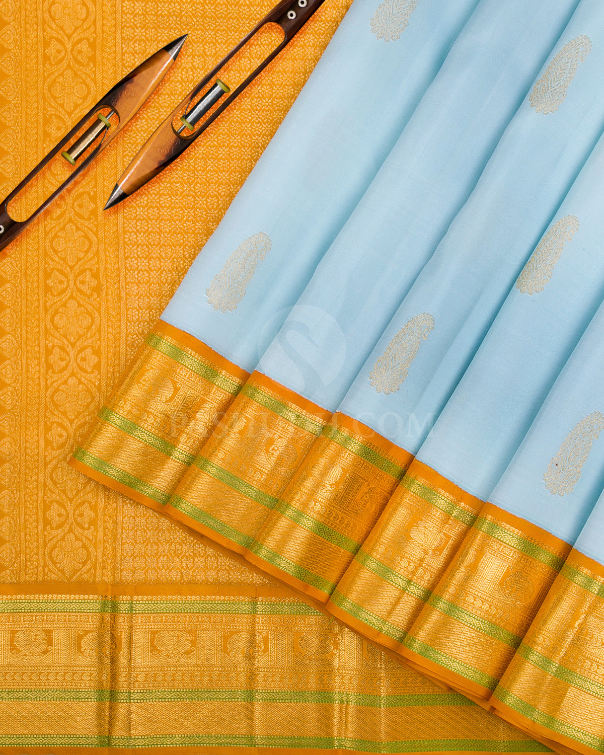 Sky Blue & Mango Yellow Kanjivaram Silk Saree - D2 - View 1