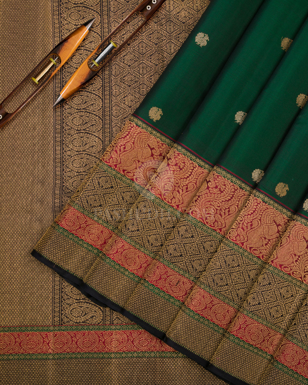 Forest Green & Black Kanjivaram Silk Saree - S859 - View 3