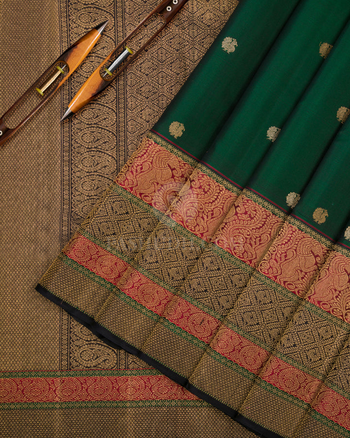 Forest Green & Black Kanjivaram Silk Saree - S859 - View 3