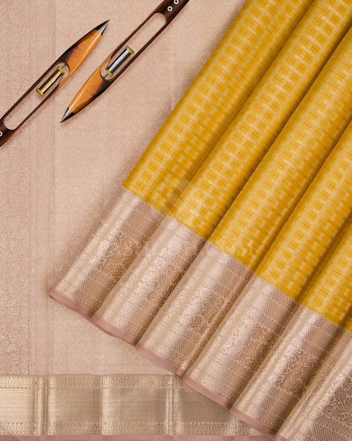 Mustard Yellow And Beige Kanjivaram Silk Saree - S1158(A) - View 2