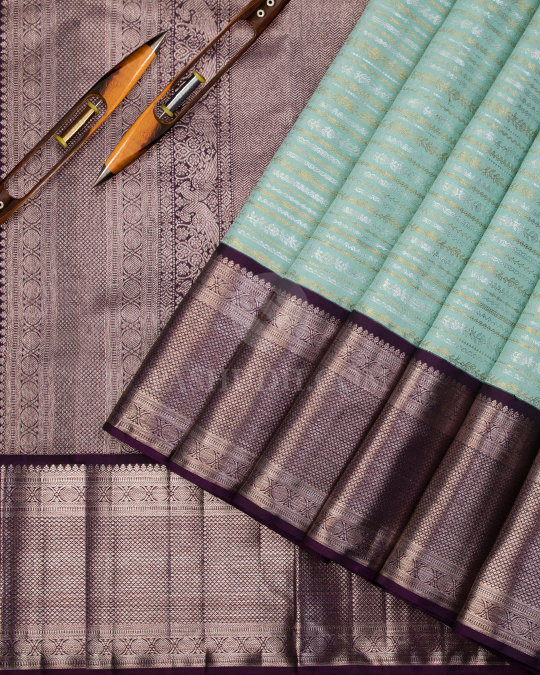Mint Green & Aubergine Kanjivaram Silk Saree - S1016(A) - View 2