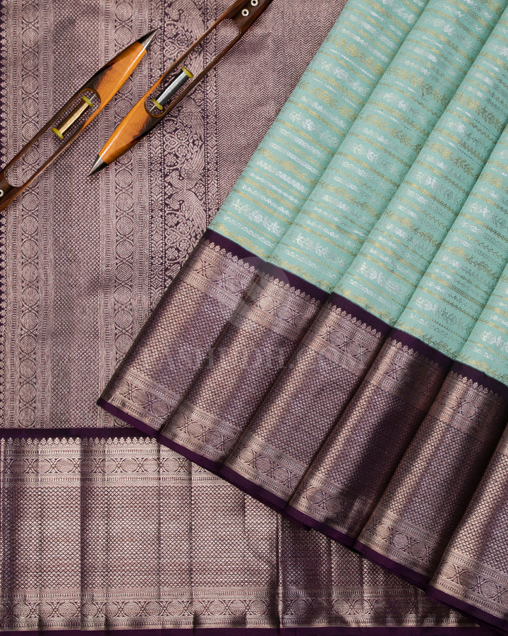 Mint Green & Aubergine Kanjivaram Silk Saree - S1016(A) - View 2