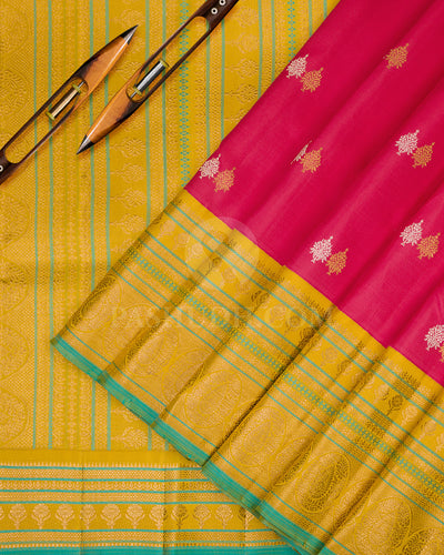 Rogue Pink and Mustard Yellow Pure Zari Kanjivaram Silk Saree - S699 - View 2