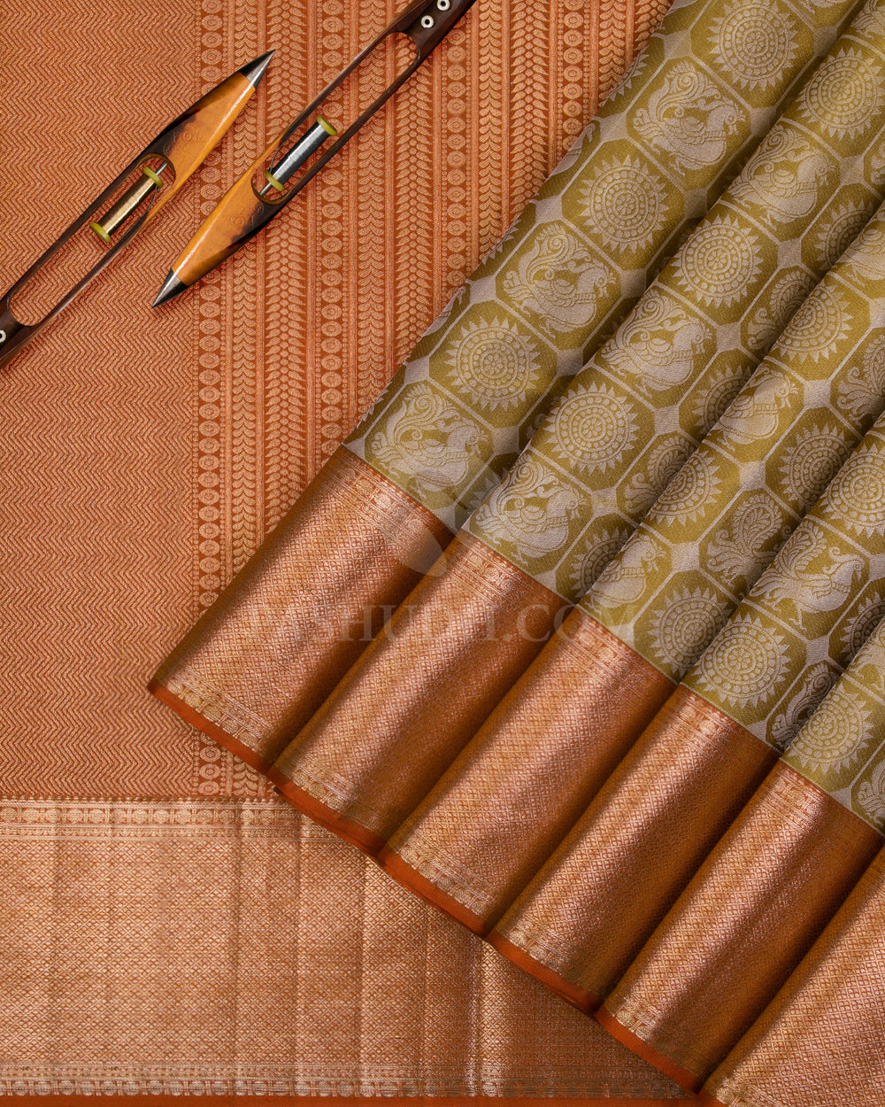 Golden Yellow And Rust Orange Kanjivaram Silk Saree - D542(A) - View 1