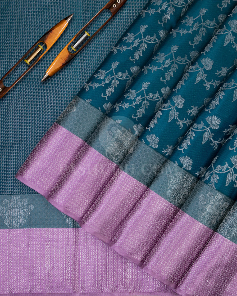 Teal Blue and Lavender Kanjivaram Silk Saree - D427 - View 2