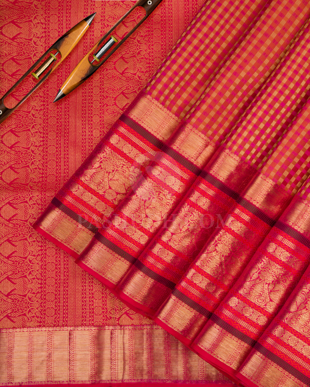 Orange, Pink and Red Kanjivaram Silk Saree  - DT184 - View 2