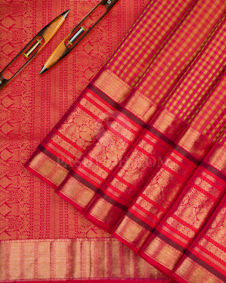 Orange, Pink and Red Kanjivaram Silk Saree  - DT184 - View 2