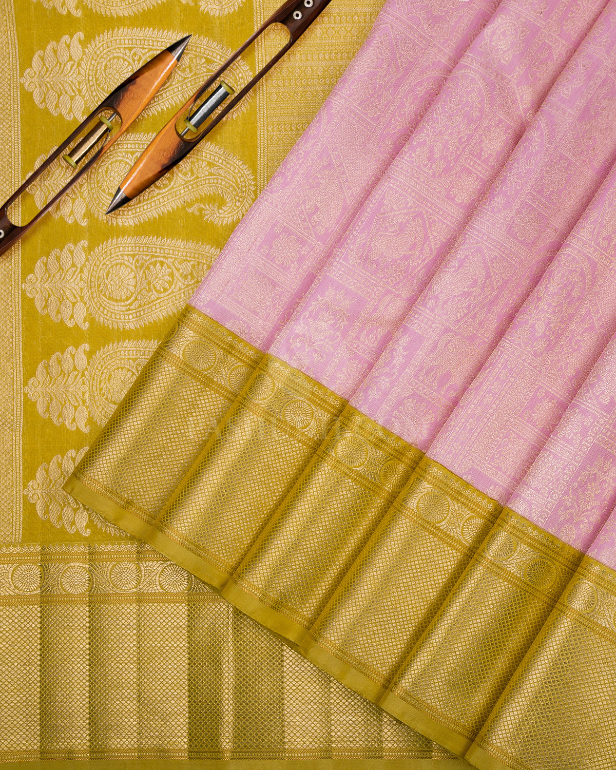 Baby Pink & Mustard Kanjivaram Silk Saree - S877 - View 3