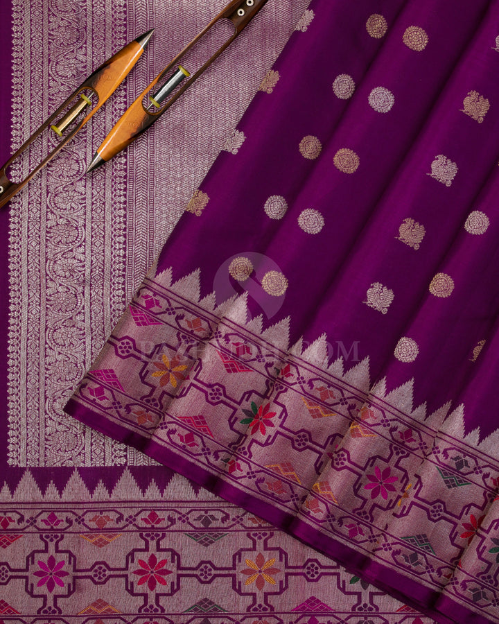 Purple Pure Zari Kanjivaram Silk Saree with Paithani Border - P137(A) - View 2