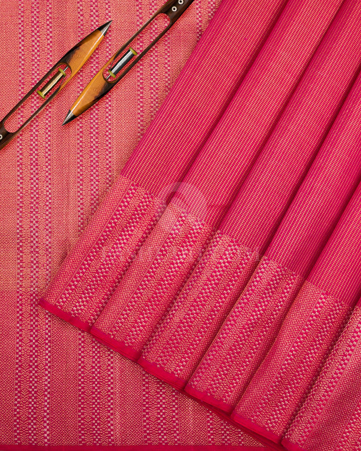 Red Shot Pink & Khaki Kanjivaram Silk Saree - S1091(B) - View 2