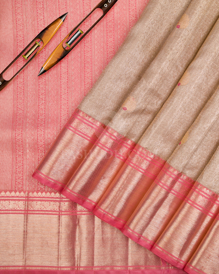 Beige & Baby Pink Kanjivaram Silk Saree - S1105(A) - View 2