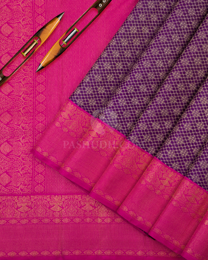 Indigo and Rose Pure Zari Kanjivaram Silk Saree - S732 - View 3