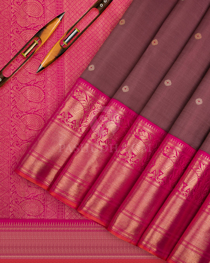 Mild Chocolate Brown & Rani Pink Kanjivaram Silk Saree - S1123(A) - View 2