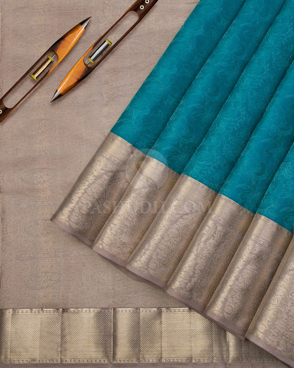 Anandha Blue & Greige Kanjivaram Silk Saree - DT245(A) - View 1