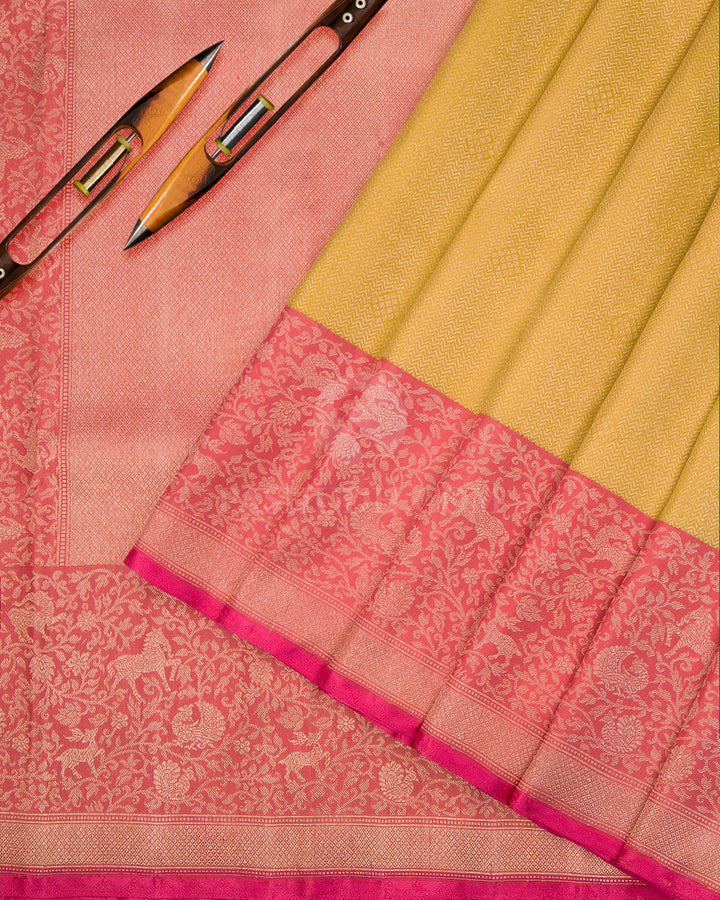 Lemon Yellow & Orange Zari Kanjivaram Silk Saree - S806 - View 3
