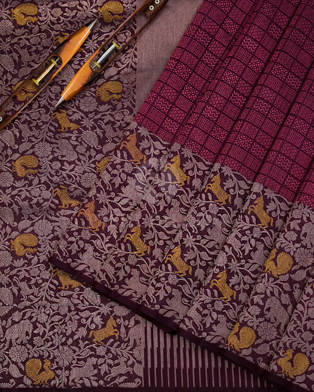 Betel Nut (Maroon) & Aubergine Kanjivaram Silk Saree - S1002 - View 2
