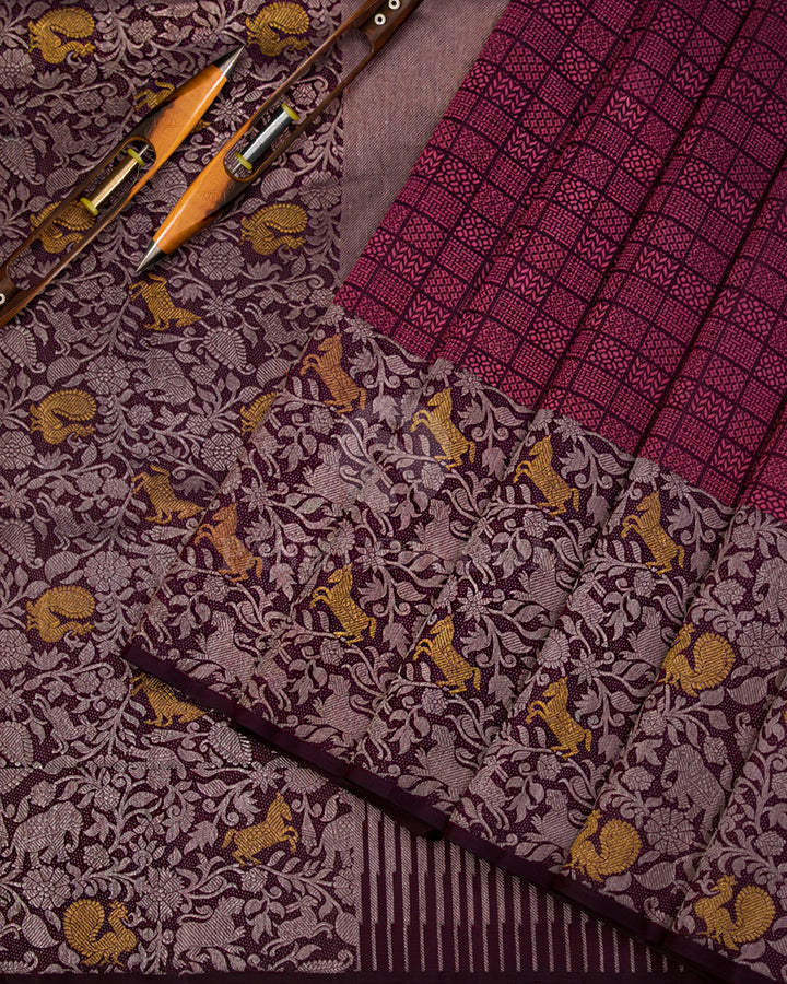 Betel Nut (Maroon) & Aubergine Kanjivaram Silk Saree - S1002 - View 2