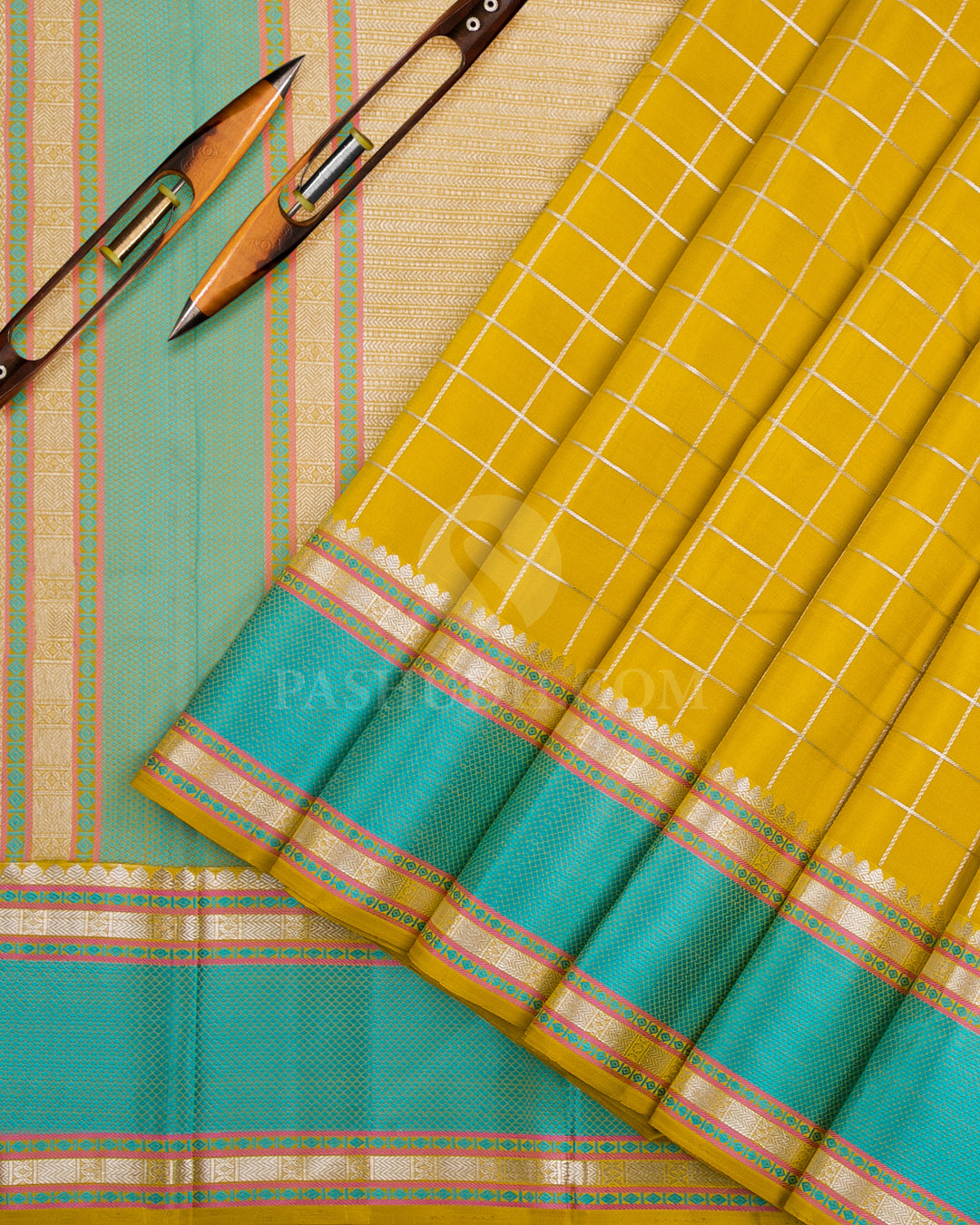 Mustard Yellow & Sky Blue Kanjivaram Silk Saree - D10 - View 1