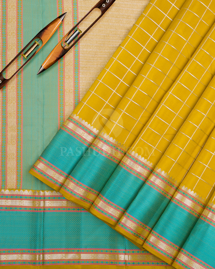 Mustard Yellow & Sky Blue Kanjivaram Silk Saree - D10 - View 1