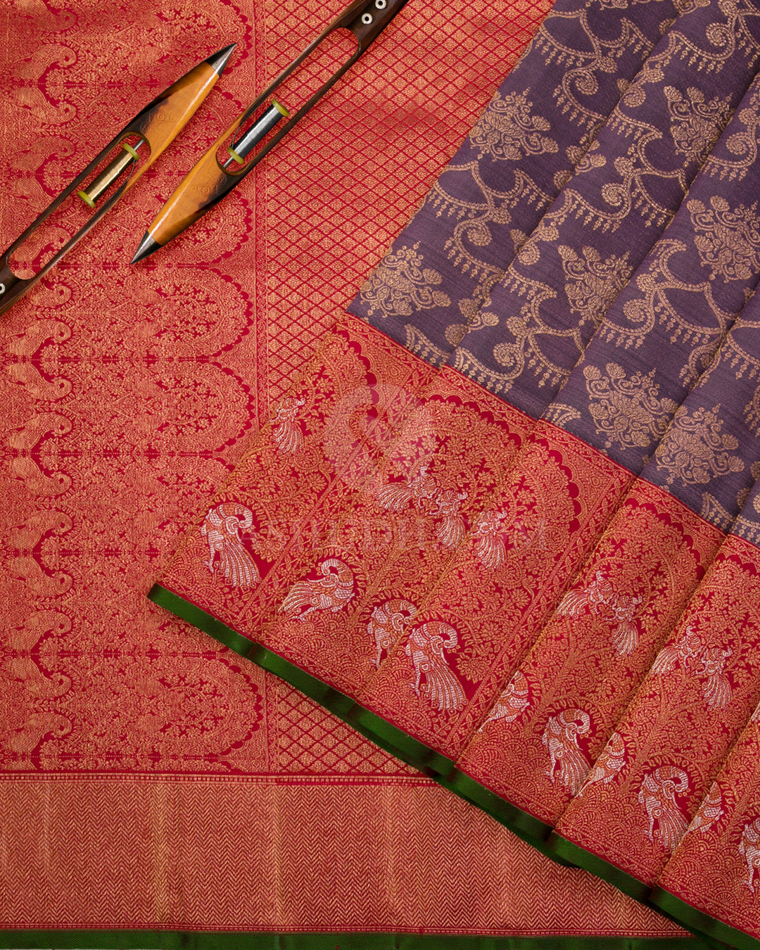 Heather Purple Shot Black & Red Kanjivaram Silk Saree - S1048(A) - View 2