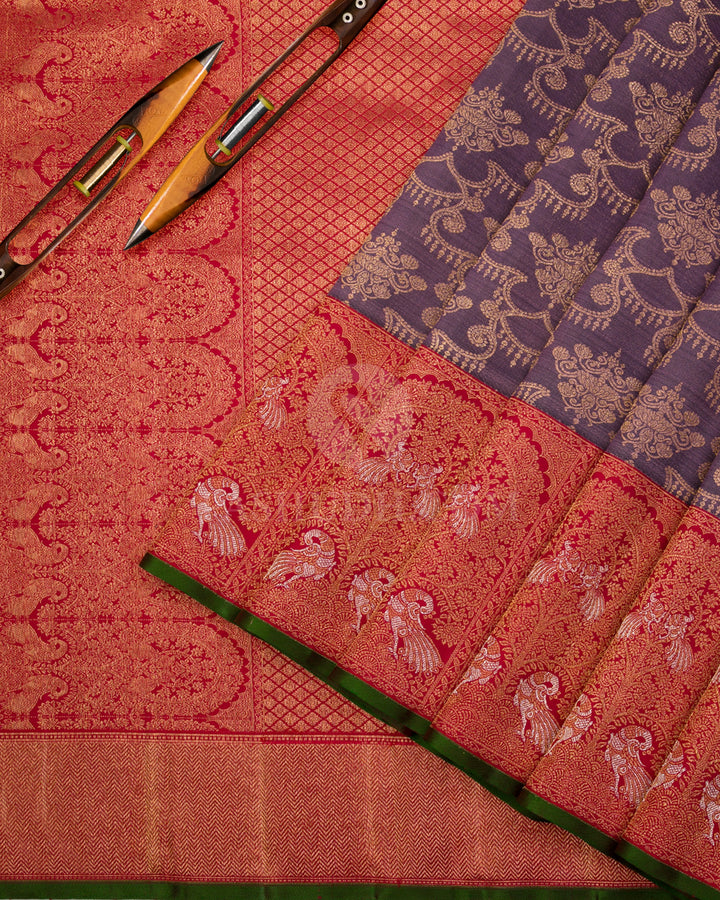 Heather Purple Shot Black & Red Kanjivaram Silk Saree - S1048(A) - View 2