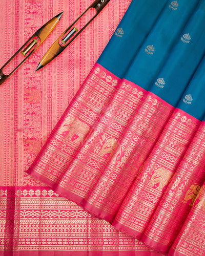 Peacock Blue & Fuchsia Pink Kanjivaram Silk Saree - S858 - View 3