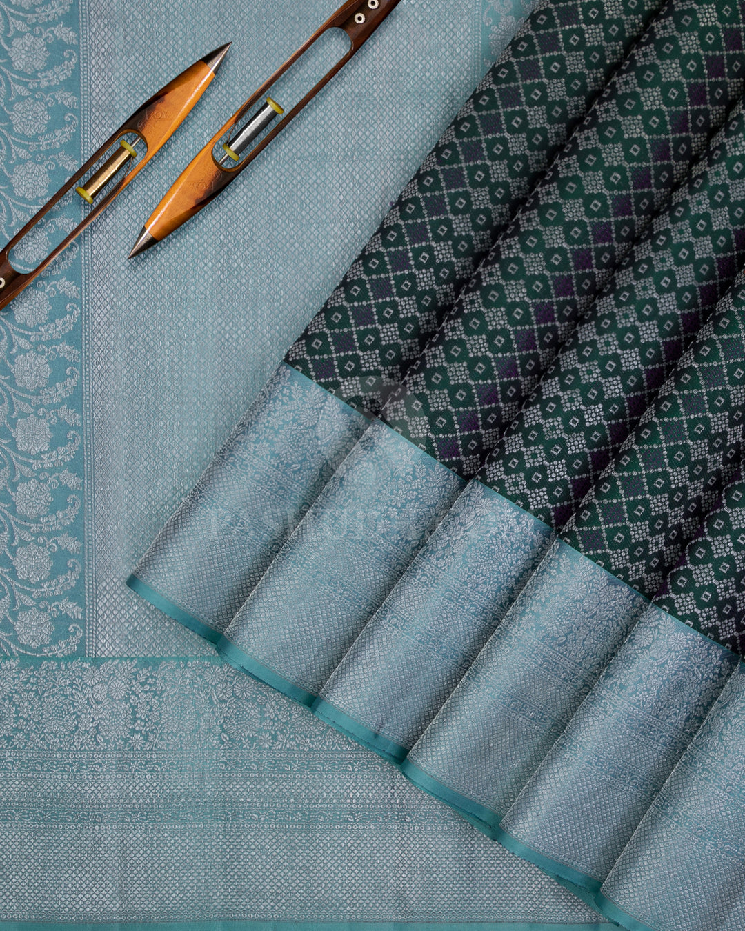 Bottle Green And Sky Blue Kanjivaram Silk Saree - DT251(E) - View 1