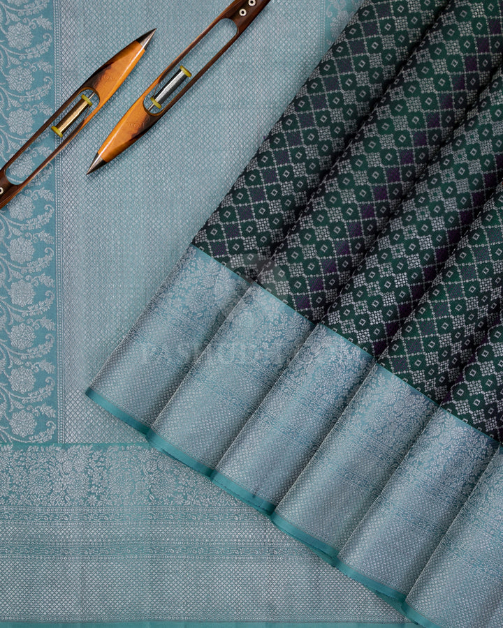 Bottle Green And Sky Blue Kanjivaram Silk Saree - DT251(E) - View 1