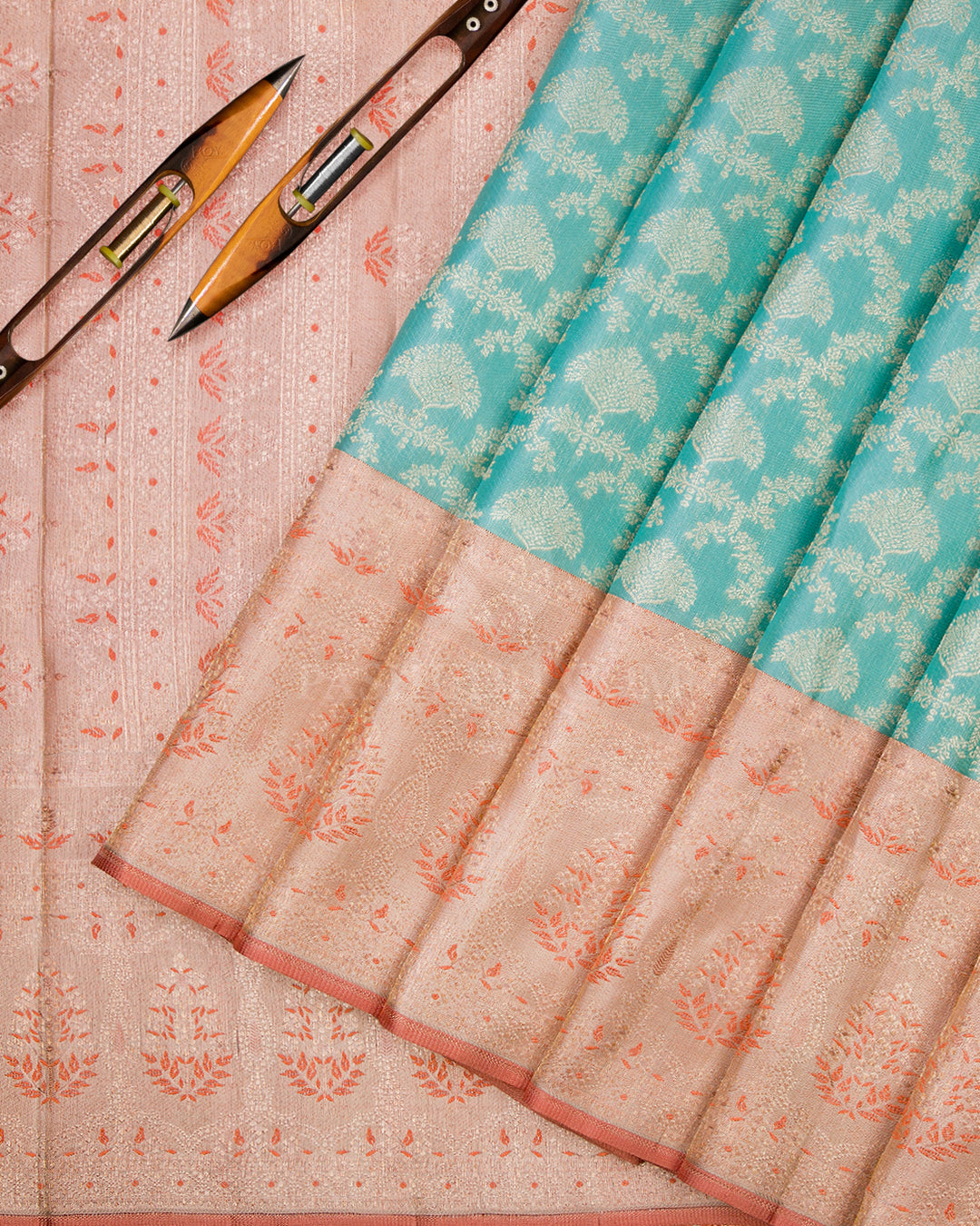 Sky Blue & Peach Shot Cream Kanjivaram Silk Saree - S883 - View 3
